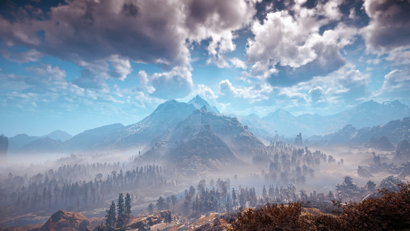 digital art, video games, tranquility, clouds, scenics - nature, environment, nature, 4K, outdoors, mountain, tree, Horizon: Zero Dawn, tranquil scene