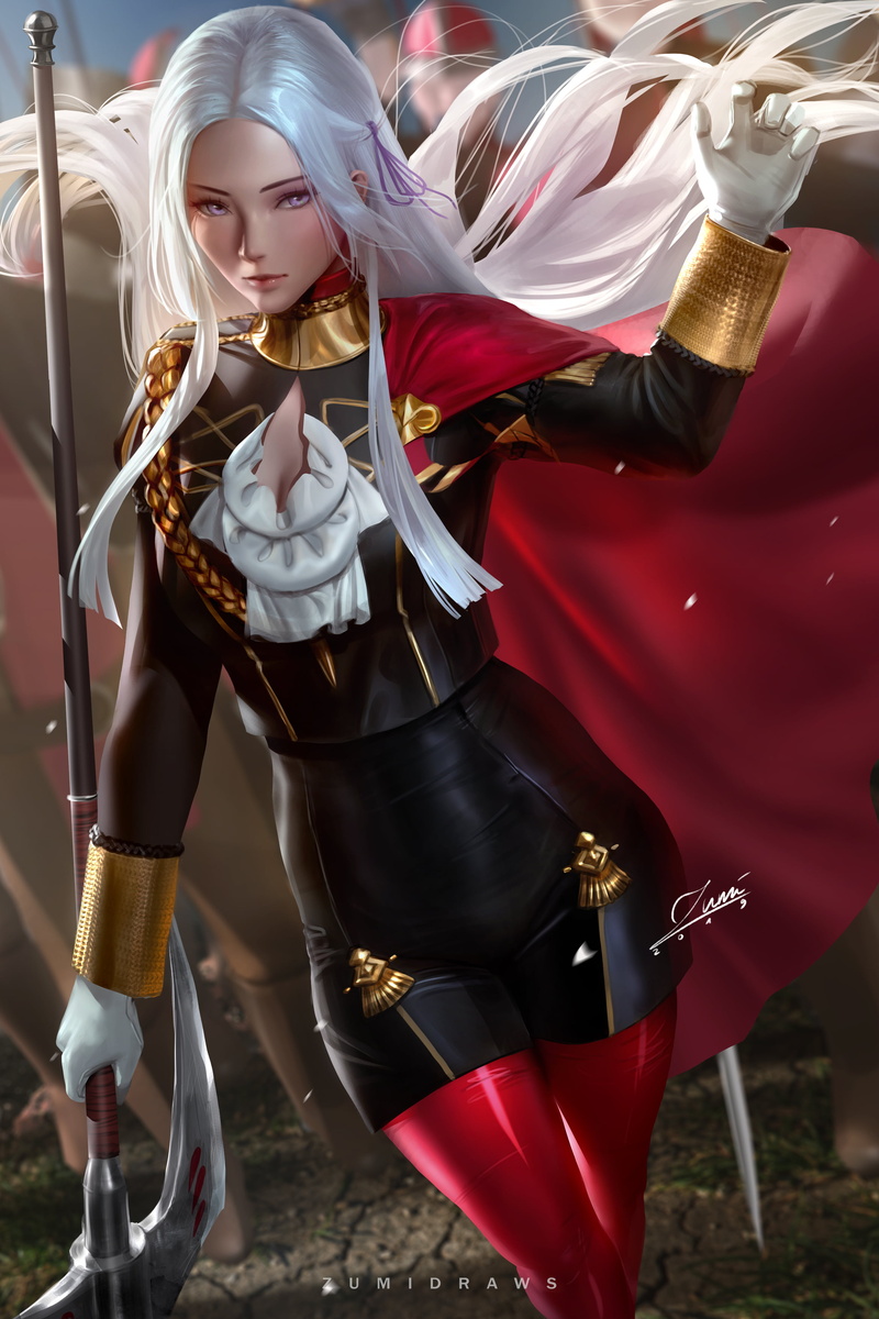 fire emblem three houses, fan art, video game characters, weapon, zumidraws, short shorts, white hair, thigh-highs, uniform, artwork, cleavage, Edelgard von Hresvelg