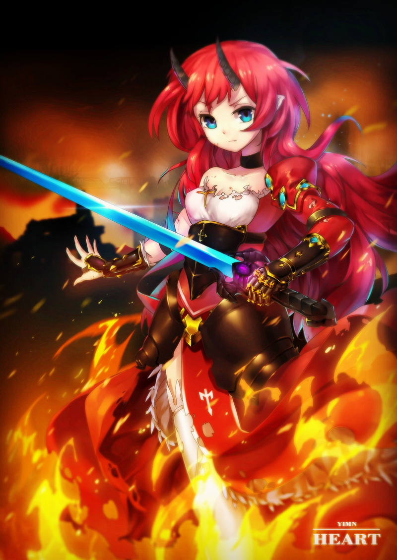 armor, indoors, event, redhead, anime, weapon, circus, horns, human skeleton, horror, spooky, body paint, looking at camera, aqua eyes, multi colored, anime girls