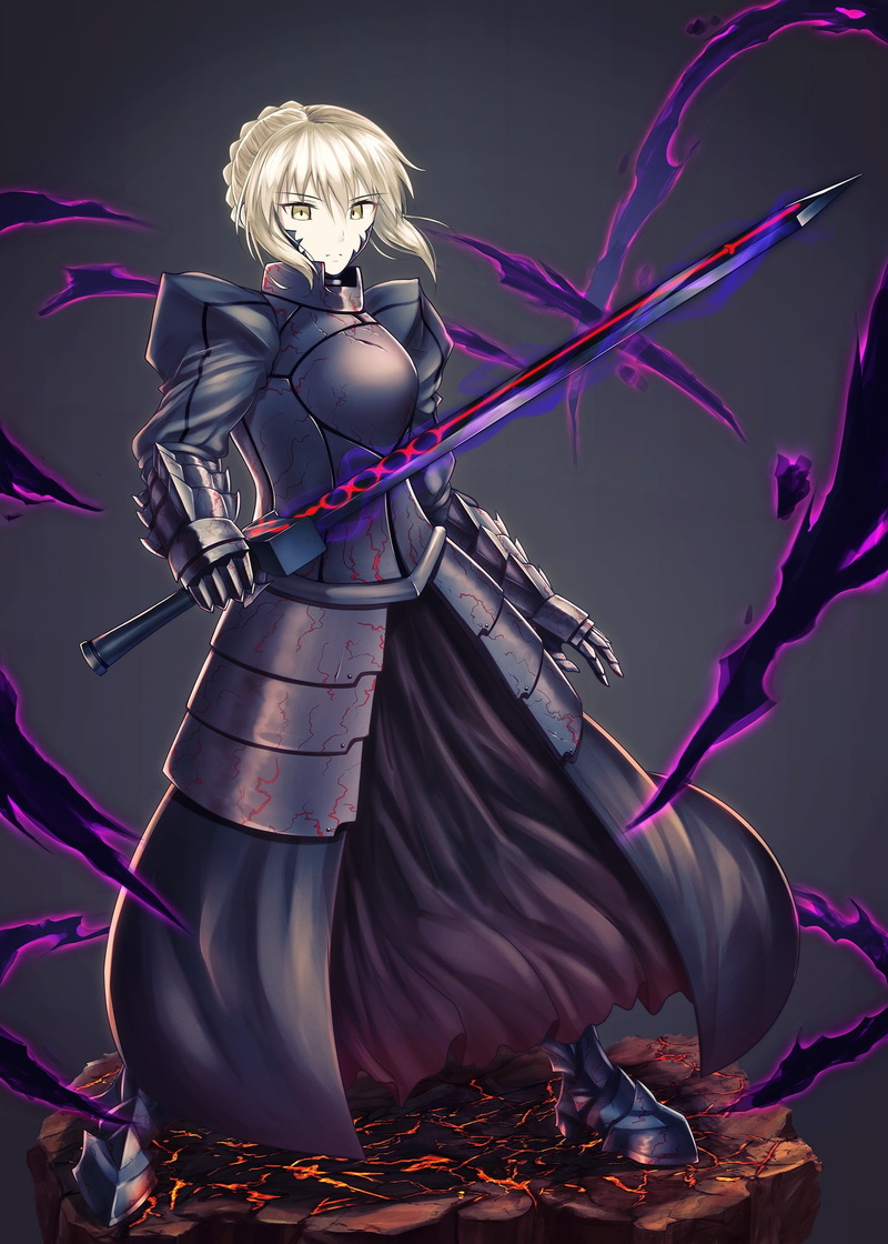 child, hairstyle, beauty, young adult, yellow eyes, beautiful woman, art and craft, studio shot, purple, Fate/Stay Night, fashion, blonde, sword, indoors