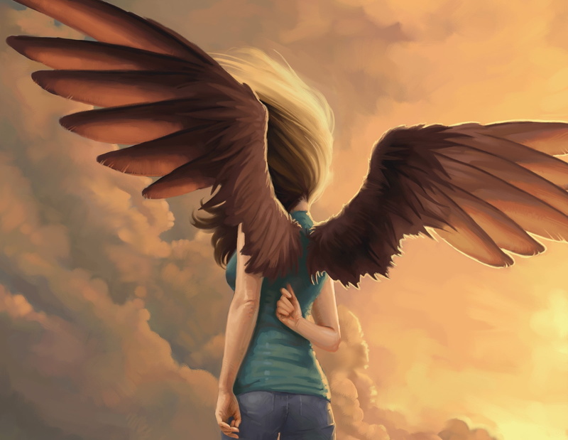 sky, spread wings, flying, painting, cloud - sky, outdoors, nature, three quarter length, lifestyles, 1080P, holding, animals in the wild, one animal