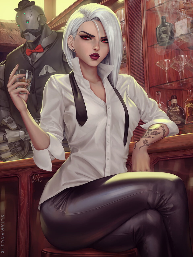 legs crossed, video game girls, League of Legends, robot, Ashe (League of Legends), video games, red eyes, tattoo, tie, 720P, PC gaming