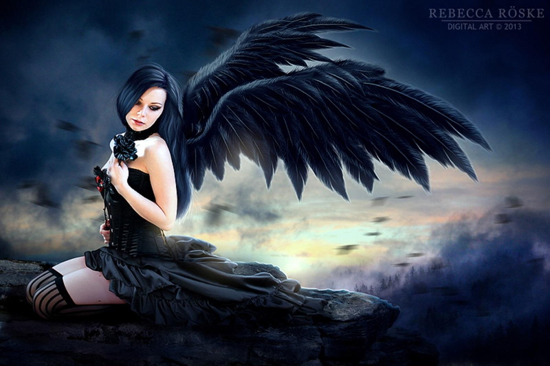 720P, beauty, beautiful, dark-angel, gothic, dark, wings, fantasy, woman, night, blue, angel, girl