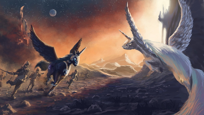 flying, day, characters, sunset, 1080P, anime, animal, outdoors, motion, horned, nature, mammal, vertebrate, herbivorous, two animals, My Little Pony