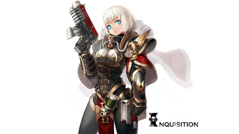 fantasy girl, anime girls, anime, white background, blue eyes, Sisters of Battle, simple background, short hair, Inquisition, books, Adepta Sororitas, white hair