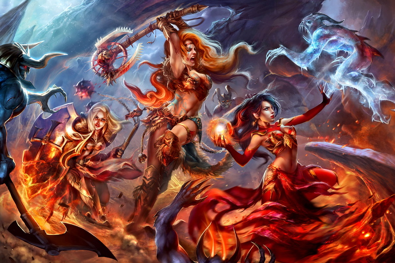  red, beautiful, hd, 1080P, three, blue, sisters, hair, battle, fantasy, black, demons, art