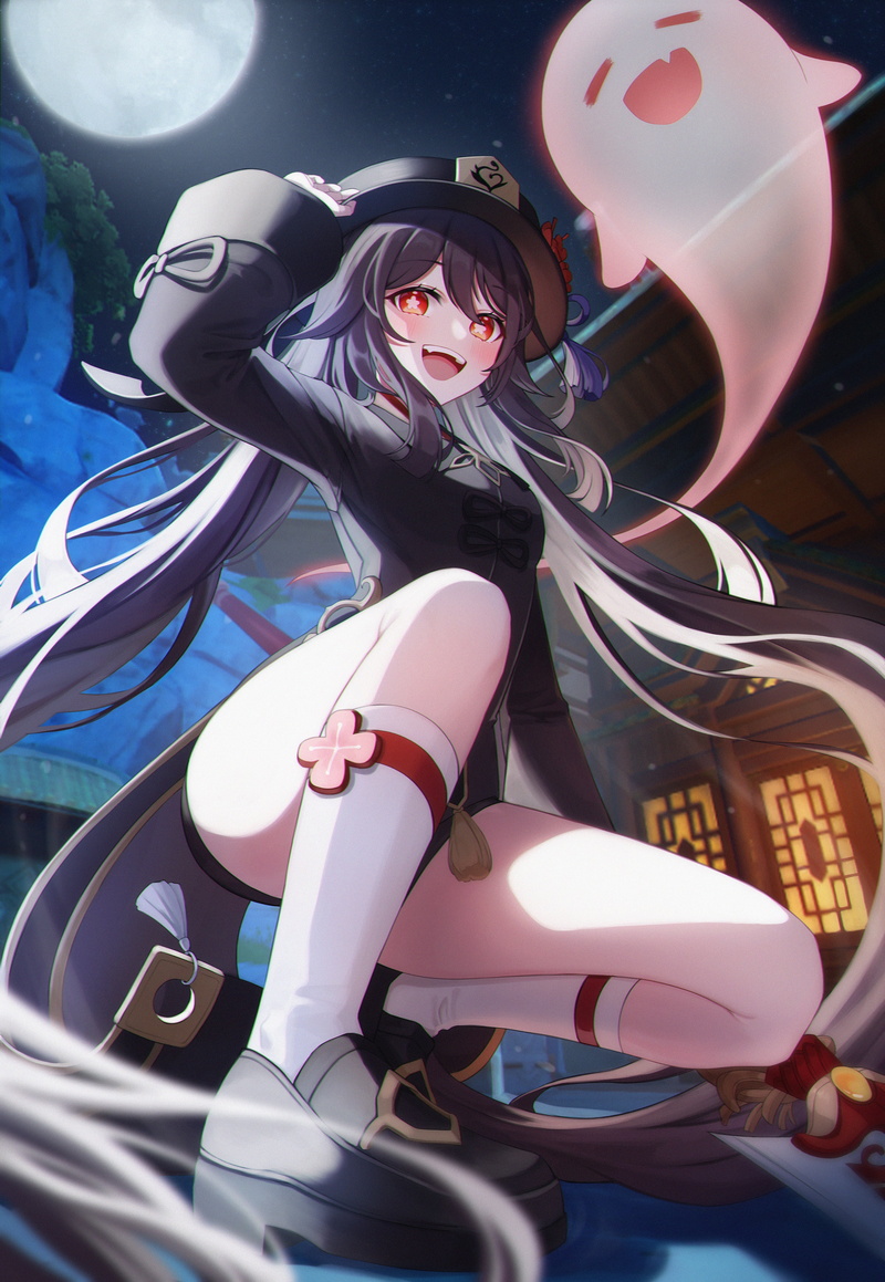 Genshin Impact, Moon, Hu Tao (Genshin Impact), star eyes, dark hair, video game girls, night, uniform, moonlight, long hair, Video Game Creatures, looking at viewer