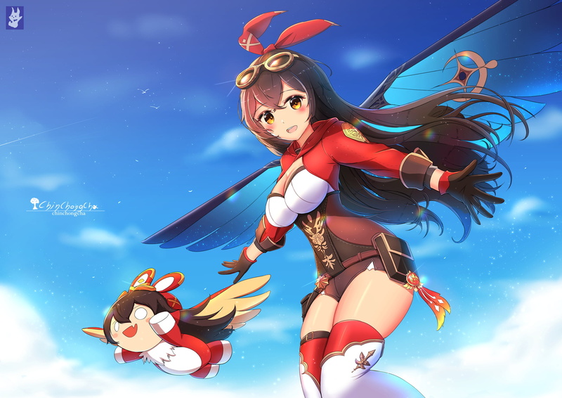 1080P, shorts, video games, Genshin, video game girls, hair accessories, anime, glasses, video games girls, low neckline, Genshin Impact, thigh-highs