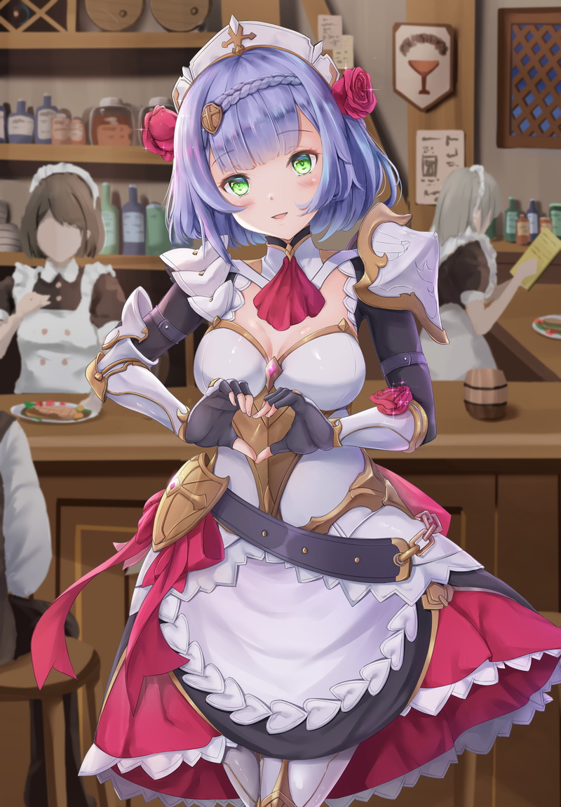 maid outfit, Genshin Impact, Noelle (Genshin Impact), 4K, anime girls, cleavage, green eyes