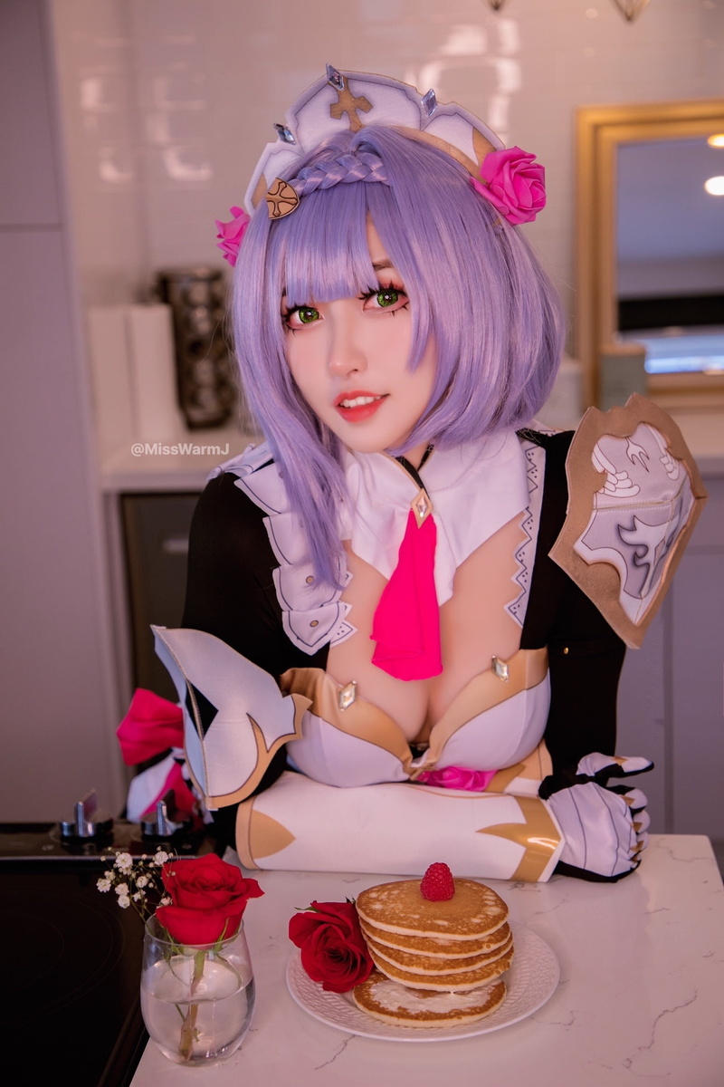 looking at viewer, women indoors, indoors, cosplay, 1080P, model, Noelle (Genshin Impact), Asian, dress, Genshin Impact, portrait display, MissWarmJ, smiling