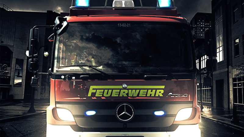city, mode of transportation, car, feuerwehr, outdoors, public transportation, vehicle, land vehicle, western script, motor vehicle, truck, transportation