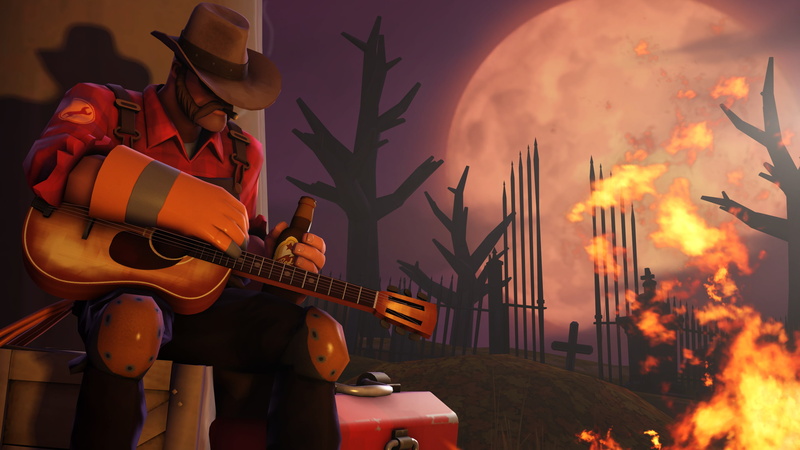 arts culture and entertainment, artwok, event, fire, graveyard, Games, orange color, guitar, artist, 2K, performance, night, string instrument, sky, nature
