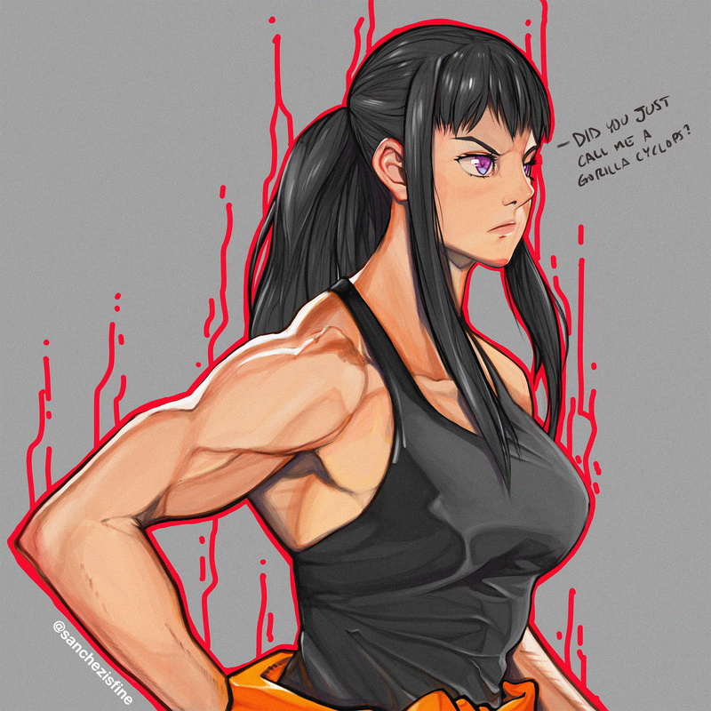 Firefighters, black hair, abs, muscular, simple background, female soldier, muscles, frown, ponytail, anime, tank top, big boobs, black shirt, armpits
