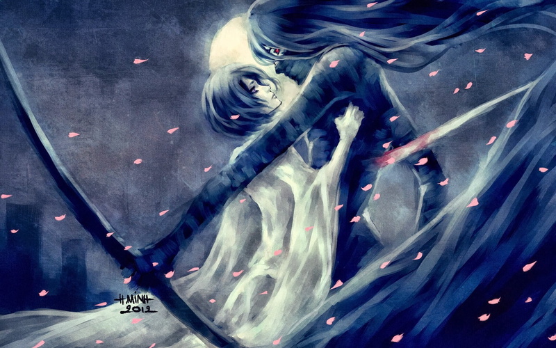 representation, transportation, petals, fan art, NanFe, 1080P, Kuchiki Rukia, clothing, sword, human representation, land vehicle, anime, technology, anime girls
