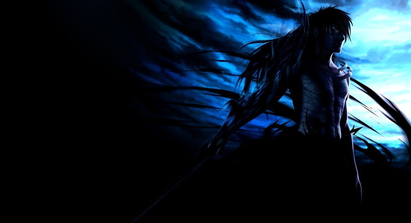 lifestyles, mugetsu, blue, dark, one person, adult, ichigo, textile, illustration, bleach, 720P, long hair, Anime, leisure activity, real people, low angle view