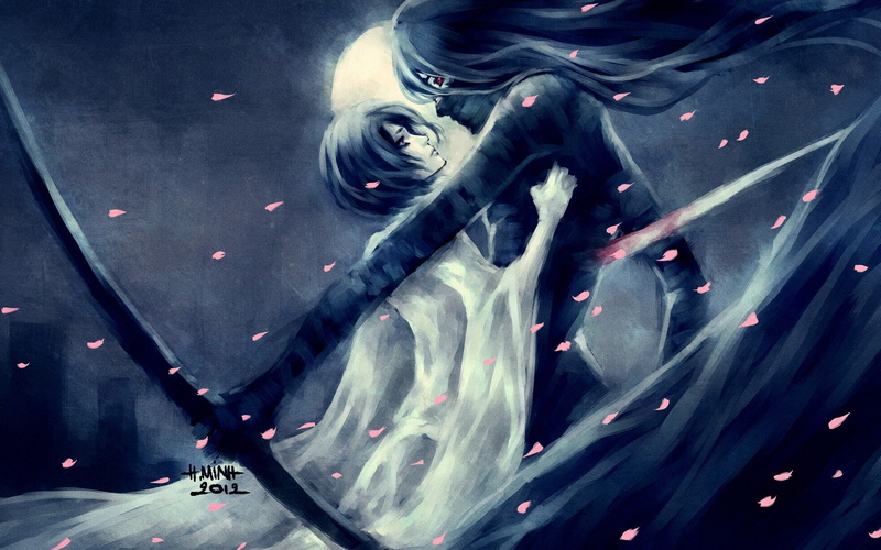 swords, hair, moon, nanfe, kuchiki, anime, red, 1080P, short, rukia, kurosaki, mugetsu, long, girls, ichigo, eyes, flower, petals, bleach