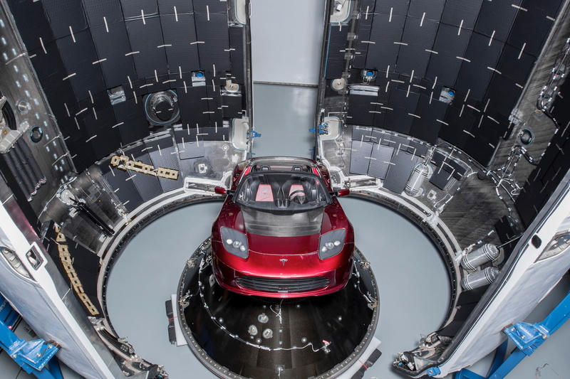 technology, travel, no people, 1080P, falcon heavy, directly above, high angle view, tesla roadster, indoors, motor vehicle, silver colored, equipment