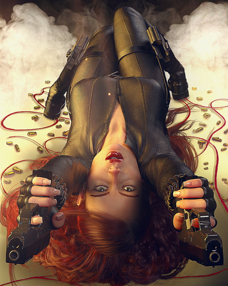 looking at viewer, Gurin, black outfits, smoke, 720P, art installation, 3D graphics, Grey bodysuit, #ARTWORK, Avengers Endgame, Black Widow, redhead, digital art