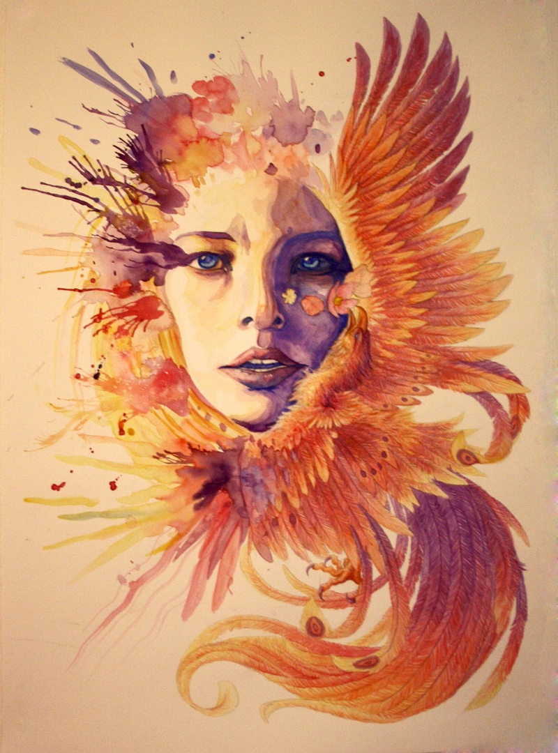 phoenix, paint splatter, birds, watercolor, face, 720P, artwork