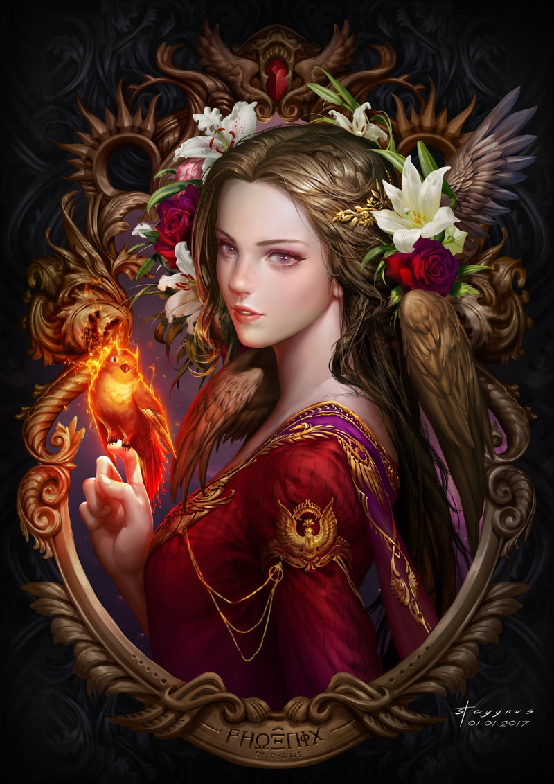fantasy girl, 2K, birds, women, artwork, fantasy art, flower in hair, portrait, phoenix