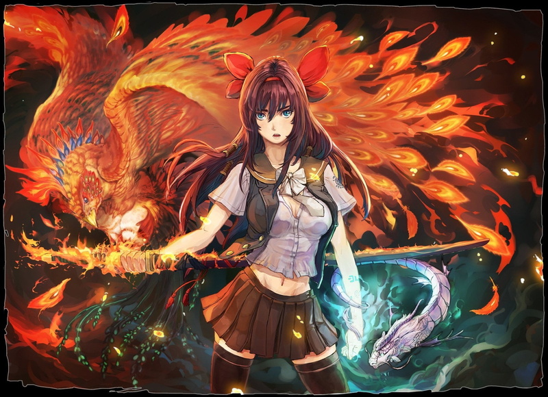 looking at camera, three quarter length, leisure activity, women, Bird, Phoenix, Anime, 1080P, front view, Touhou, real people, illuminated, Girl, Original (Anime)