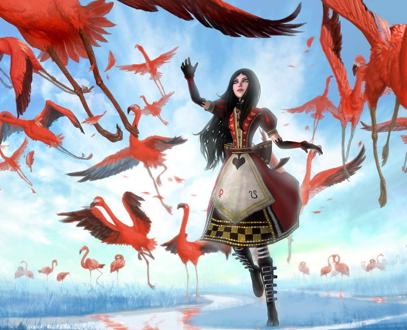 girl, red, outdoors, multi Colored, Alice, character, fairy Tale, flying, smiling, 2K, people, human arm, haired, females, day, evil, cloud - sky, birds