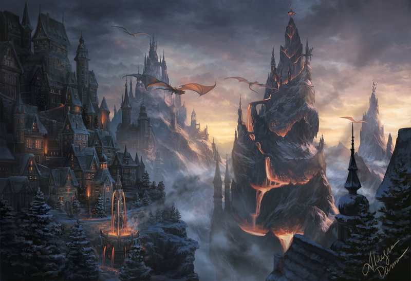 Building, City, Fantasy, sky, glowing, 1080P, outdoors, no people, House, burning, scenics - nature, environment, Lava, Mountain, flame, smoke - physical structure