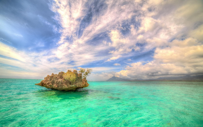 1080P, landscape, island, mauritius, sea, water, nature, rock, tropical, turquoise, summer, africa, clouds
