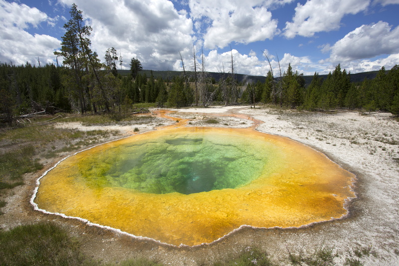 landscape, travel destinations, steam, water, tranquility, geyser, tranquil scene, plant, tree, volcano, volcanic crater, morning glory pool, power in nature