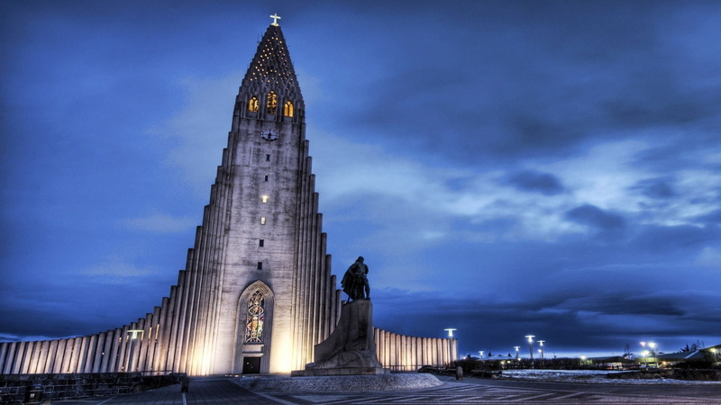 1080P, building exterior, dusk, no people, the past, bridge, city, sky, tower, building, night, Iceland, water, bridge - man made structure, place of worship