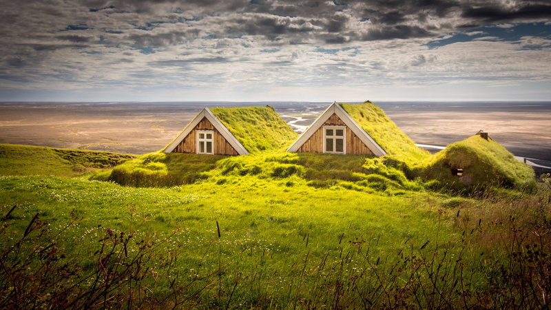 building exterior, awesome, beauty in nature, sunlight, plant, day, grass, house, nature, turf houses, home, green color, reykjavik, rural area, environment