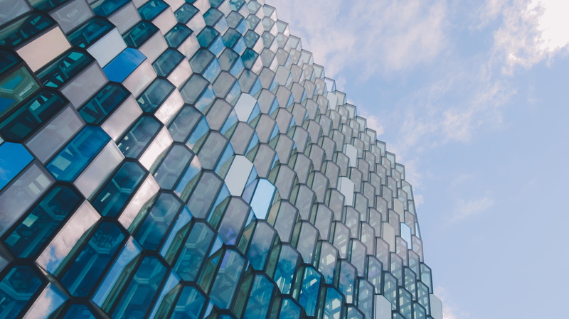business, directly below, day, low angle view, building exterior, skyscraper, harpa, 5K, built structure, sky, financial district, reykjavík, no people