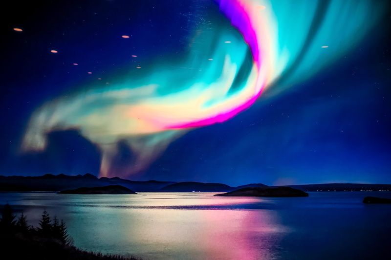 sea, reykjavik, purple, space, dramatic sky, iceland, tranquil scene, idyllic, astronomy, will o  the wisp, multi colored, no people, tranquility, sky