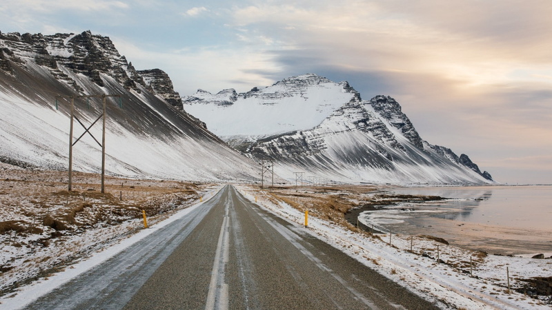 Iceland, landscape, winter, snowy peak, lake, road, clouds, utility pole, nature, Reykjavik, mountains, snow, 1080P