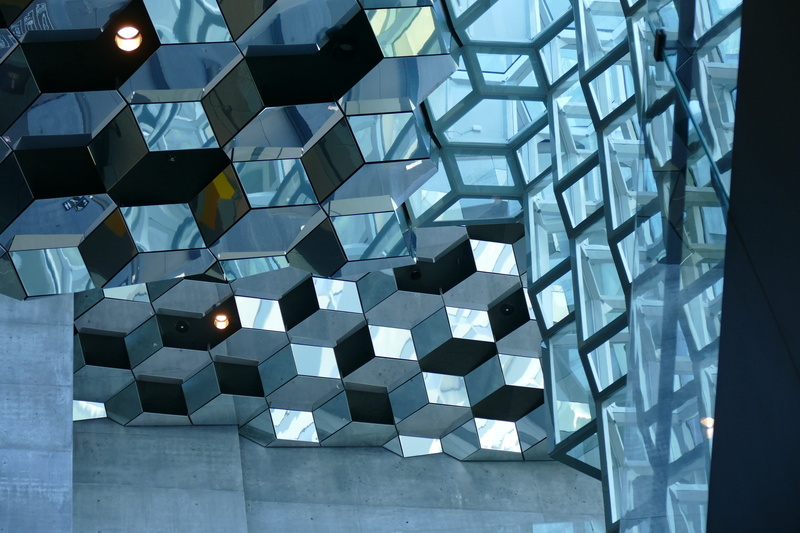 silver colored, harpa, triangle shape, blue, 4K, urban, reykjavik, architecture, icelandic, city, indoors, hexagon, backgrounds, no people, futuristic