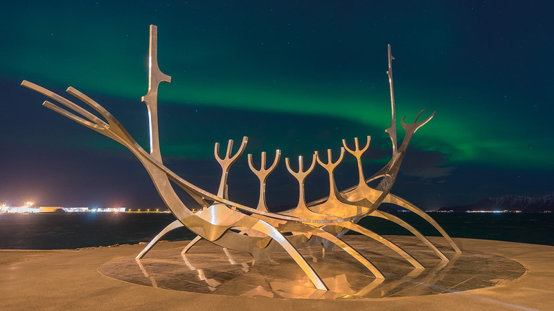 design, metal, Viking, Iceland, The Sun Voyager, aurora borealis, night  sky, statue, 720P, Sólfar, insect, Reykjavik, stars, art, gray, nightscape, Northern