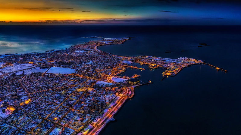 reykjavik, buildings, port, ocean, City, 1080P, iceland, bird view