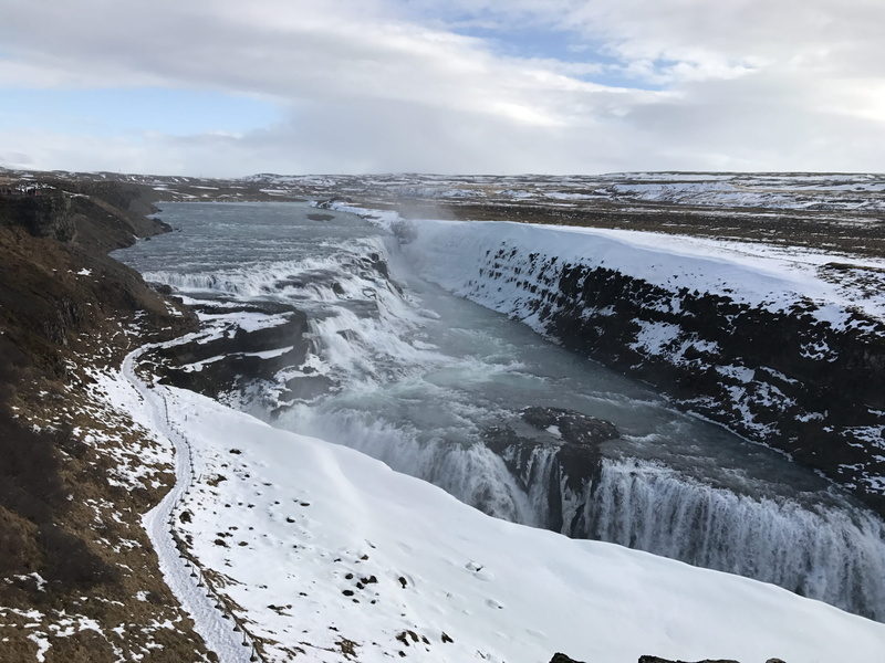 day, snow, cloud - sky, tranquil scene, gullfoss falls, non-urban scene, sea, flowing water, horizon over water, sky, iceland, gullfoss, environment, snowcapped mountain
