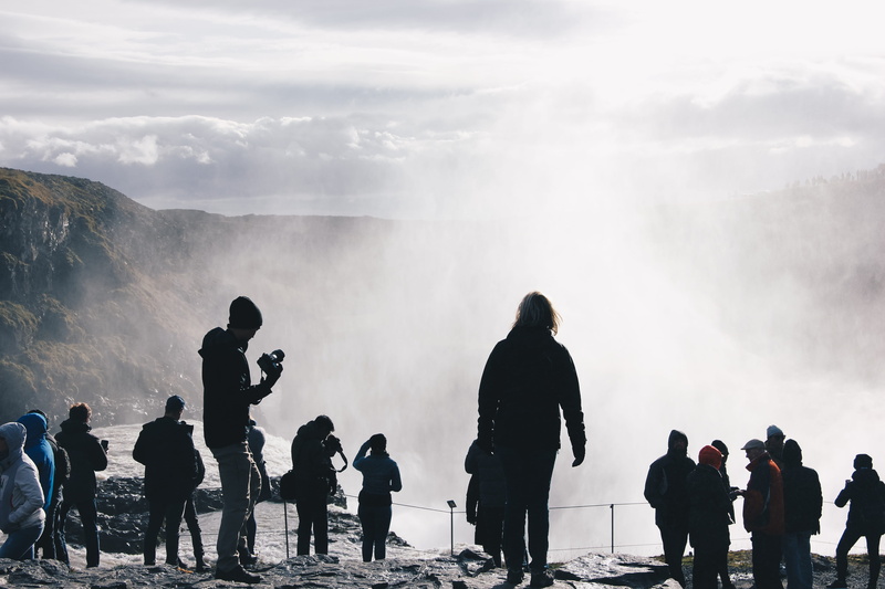 5K, fog, large group of people, men, beauty in nature, iceland, lifestyles, women, waterfall, sky, water, leisure activity, outdoors, travel, looking at view