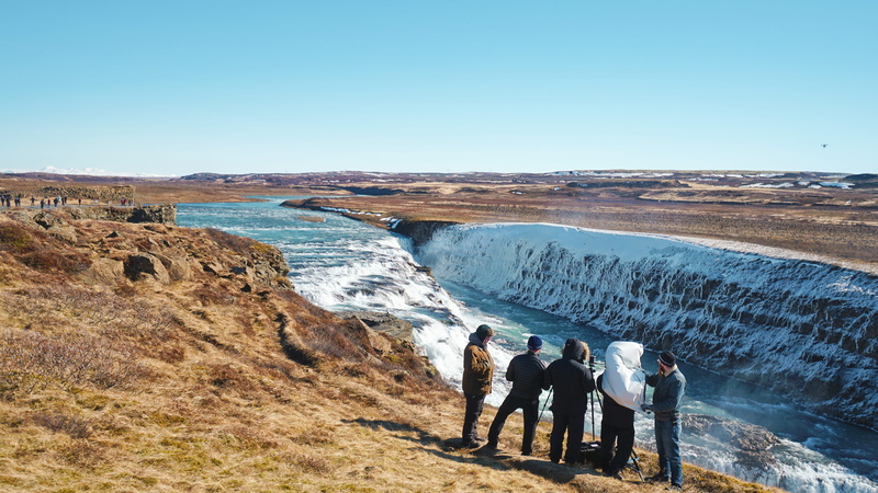 standing, frosty, leisure activity, rear view, scenics - nature, crew, banks, waterfall, 5K, people, sky, clear sky, high angle view, frosted, gullfoss falls