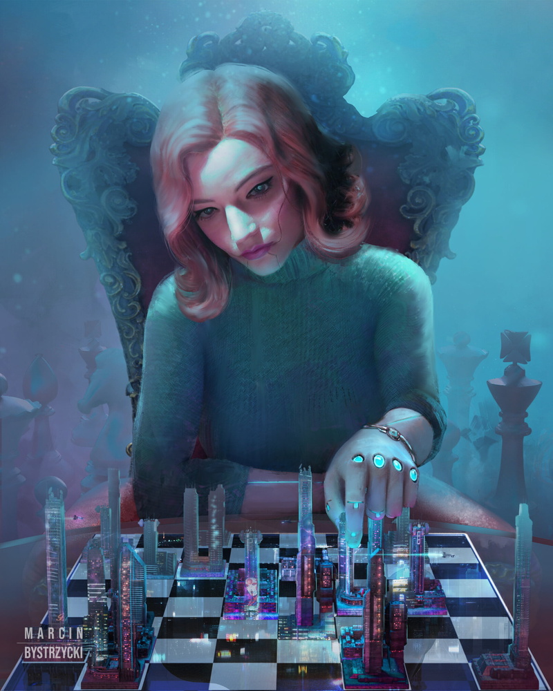 portrait display, cyberpunk, sitting, city lights, The Queens Gambit, Beth Harmon, city, playing, 1080P, artwork, Cyberpunk 2077, women, chess, Anya Taylor-Joy