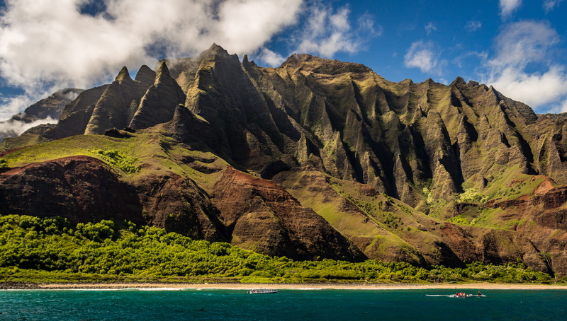 mountain, rock, dolphin, coast, kapaa, cloud - sky, boat, cliff, idyllic, tranquil scene, united states, 4K, formation, scenics - nature, rock - object
