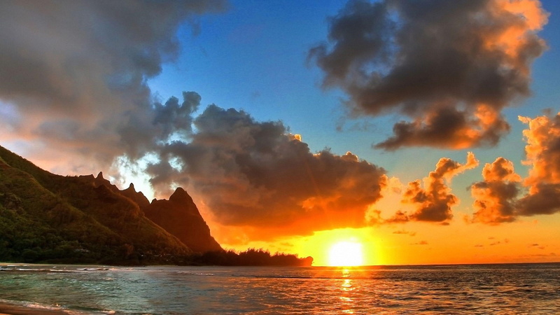 tunnels beach, morning, atmosphere, ocean, calm, sea, kauai, afterglow, sunrise, sky, cloud, united states, sunlight, horizon, 4K, hawaii, sunset, sun