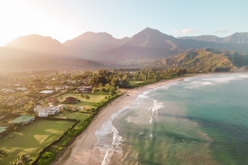 environment, mountain, tranquility, beauty in nature, nature, kauai, tree, beach, land, aerial, mountain range, vacation, sunset, 4k, ocean, day, hawaii
