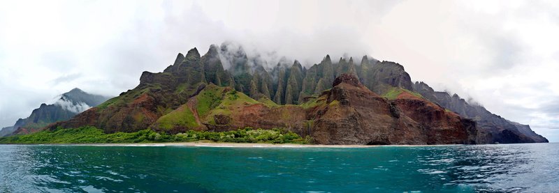 mountain peak, beach, rock - object, lagoon, mountain, environment, bay, travel, panaroma, hawaii, sea, no people, landscape, kalalau beach, ocean, cloud - sky