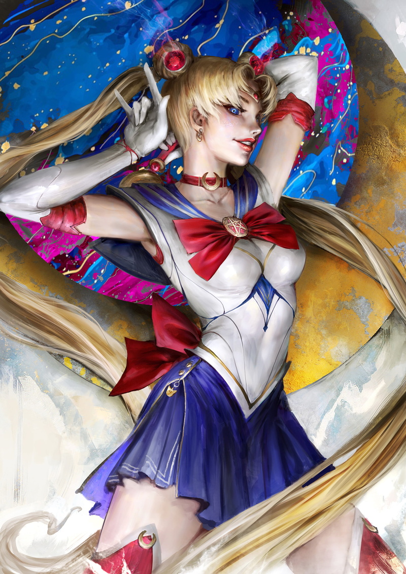 standing, red lipstick, blue eyes, daniel kamarudin, arms up, hand gesture, ArtStation, artwork, long hair, blonde, women, Sailor Moon, 2K