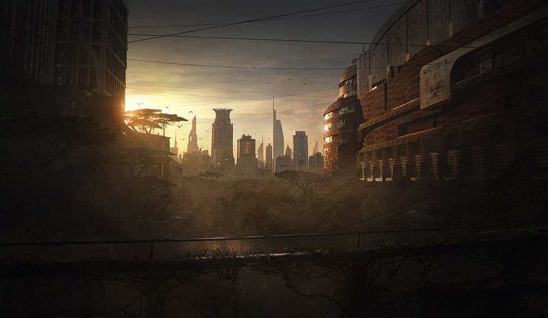concrete, building, tower, tree, cable, nature, sun, cityscape, tall - high, city, built structure, architecture, apocalyptic, modern, outdoors, no people