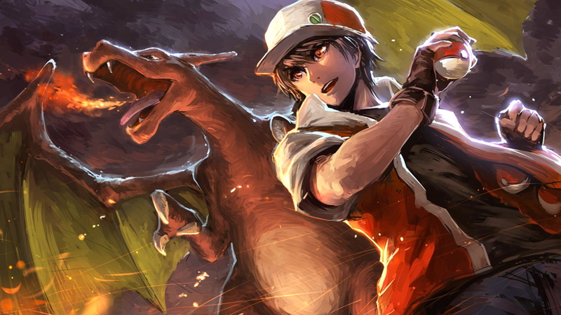 digital art, Charizard, 1080P, Pokémon trainers, Pokéballs, Pokémon, Red (character), fire