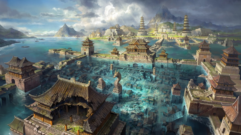 mountain, statue, flood, 1080P, high angle view, day, travel, dragon, the past, cloud - sky, castle, architecture, built structure, building exterior