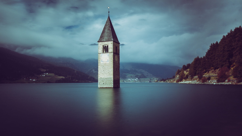 reservoir, 5K, reschensee, no people, built structure, beauty in nature, scenics - nature, south tyrol, outdoors, sky, waterfront, grauns, building, architecture
